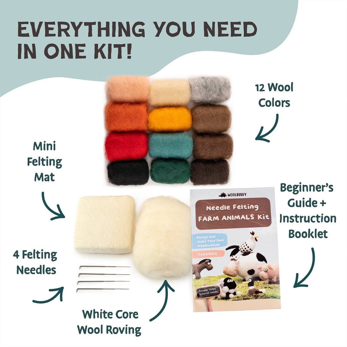 Woolbuddy - DIY Needle Felting Farm Collection Kit –Craft 6 cute animals